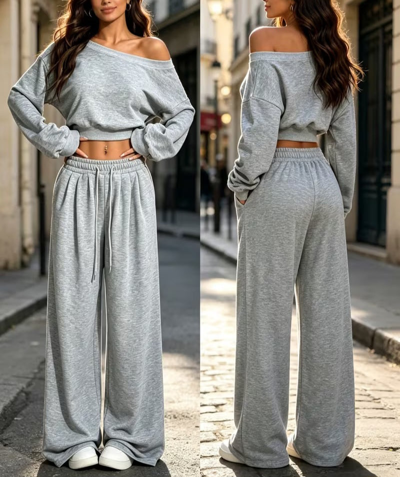 Cozy Gray Cropped Sweatshirt & Wide Leg Jogger Set