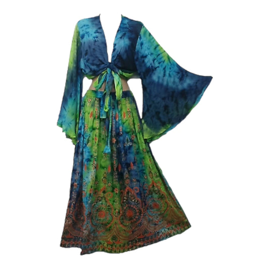 Bohemian Blue & Green Tie Dye 2 Piece Crop Top & Maxi Skirt Set