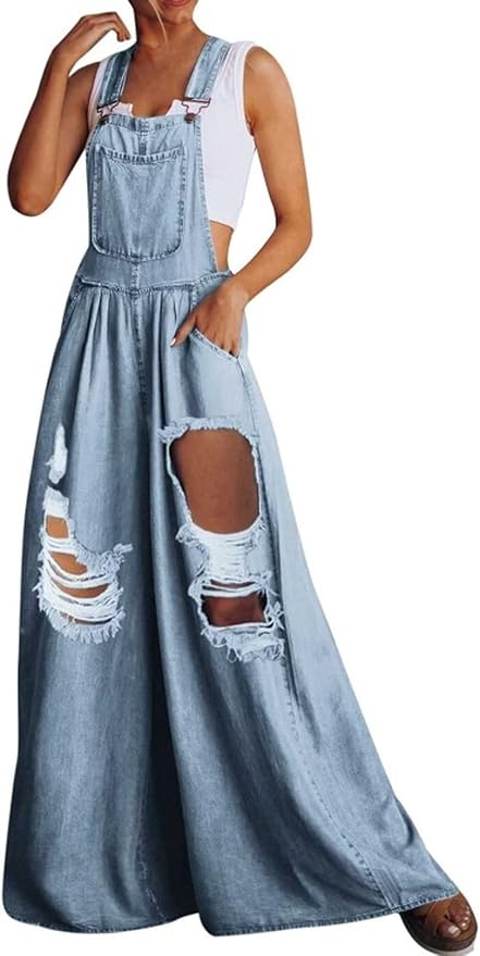 Boho Light Blue Distressed Denim Wide Leg Overalls Jumpsuit