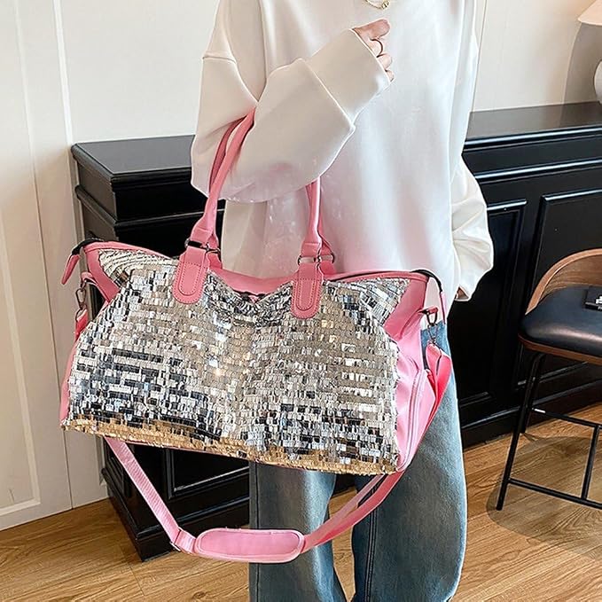 Beautiful Sparkling Silver & Pink Sequin Carry-on Overnight Luggage Bag