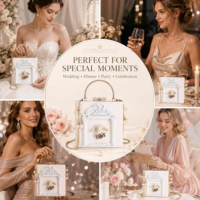Elegant Ethereal Romance White & Gold Angel Handbag Clutch Purse
