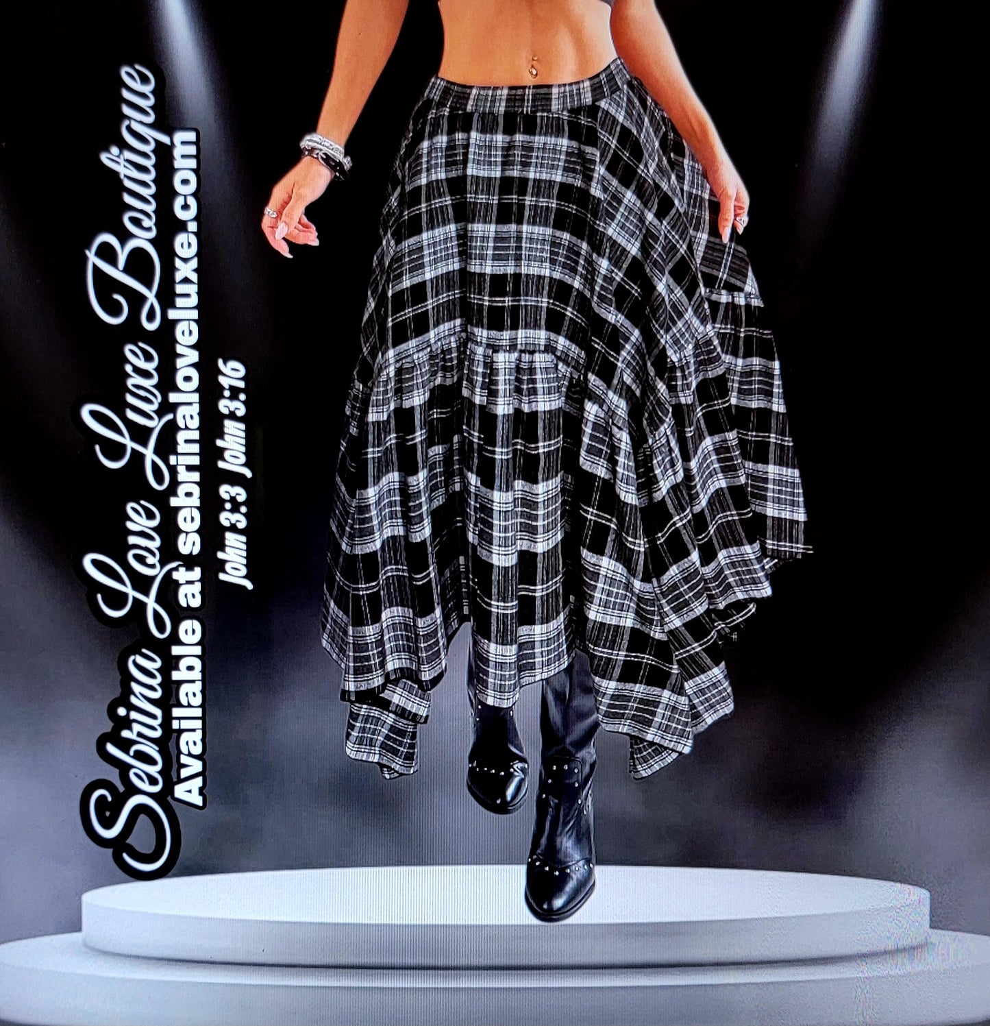 Grunge Goth Black & White Plaid Asymmetrical Handkerchief Midi Skirt