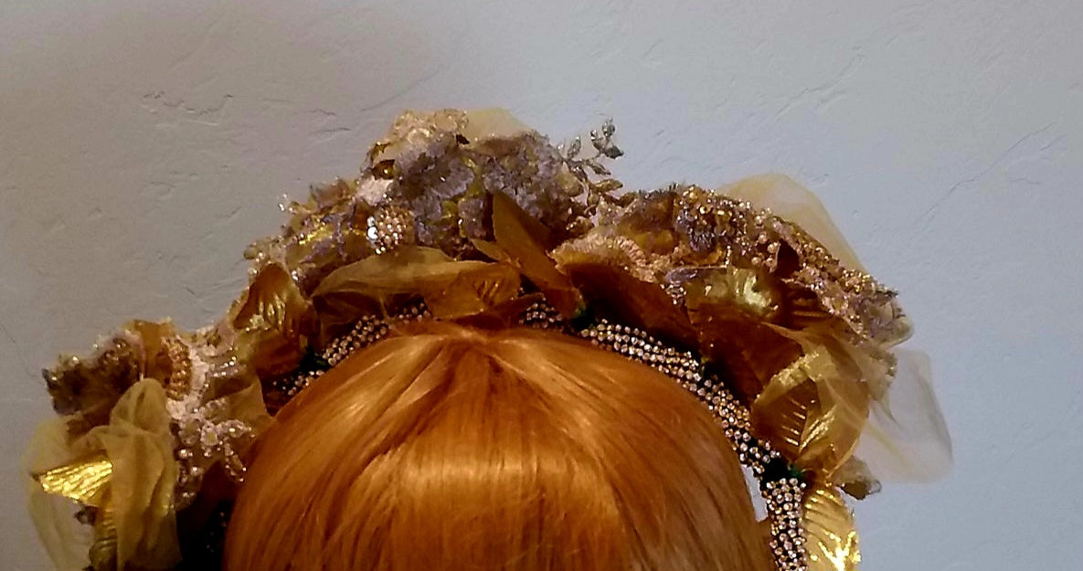 Ethereal Boho Metallic Gold Rose Floral Embroidered Beaded Lace Crystal Bejeweled Bridal Headpiece