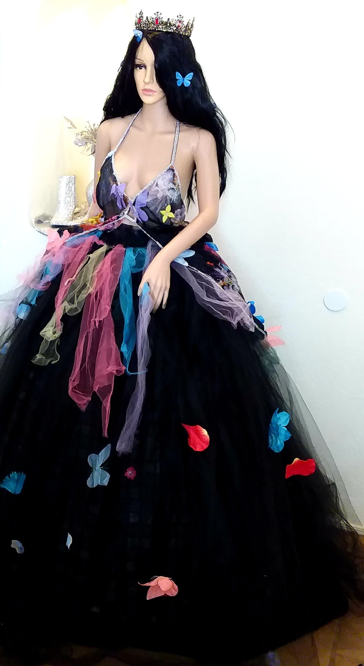 🦋TEMPEST🦋 Custom Order Gothic Romance Black Multicolor Butterfly Lace & Tulle Wedding Ballgown Set