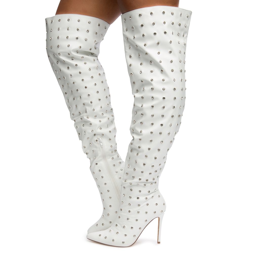 White Rhinestone Crystal Diamante Over The Knee Thigh Boots