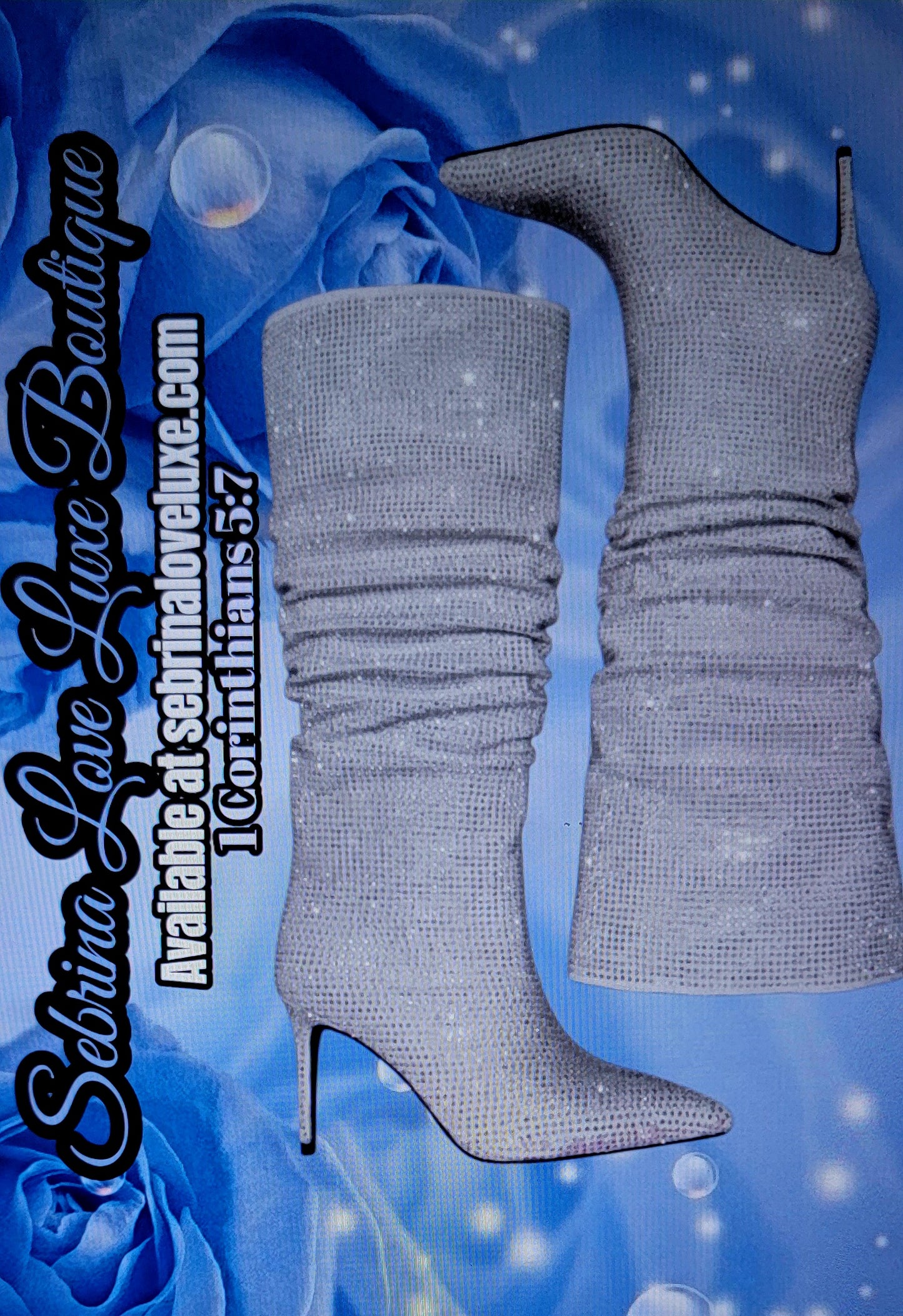 Silver Rhinestone Crystal Diamante Knee Boots