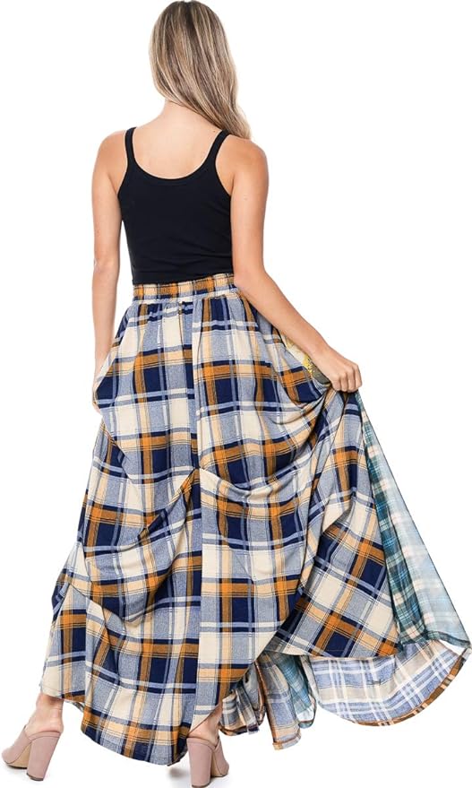 Romantic Boho Blue & Yellow Plaid Asymmetrical Tov The Damsel`s Maxi Skirt