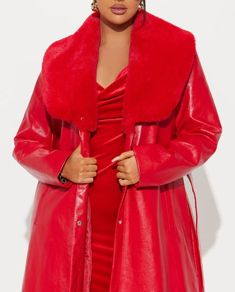 Luxe Red Faux Leather Faux Fur Trim Maxi Coat