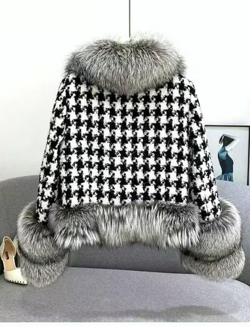 Luxe Black & White Houndstooth Print Faux Fur Trim Sweater Jacket