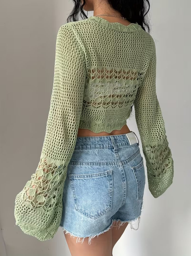 Cute Sage Green Crochet Bell Sleeve Cropped Sweater