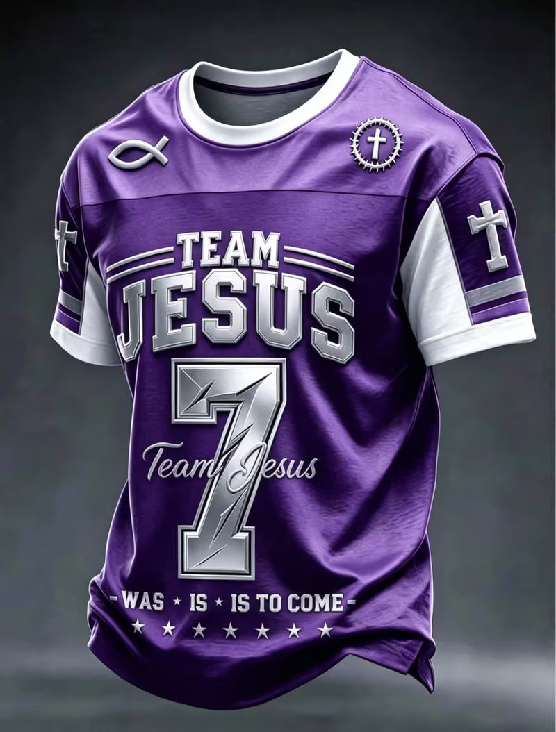 Inspirational "TEAM JESUS" Navy Blue & White Christian Printed Graphic Scripture Short Sleeve Football Jersey