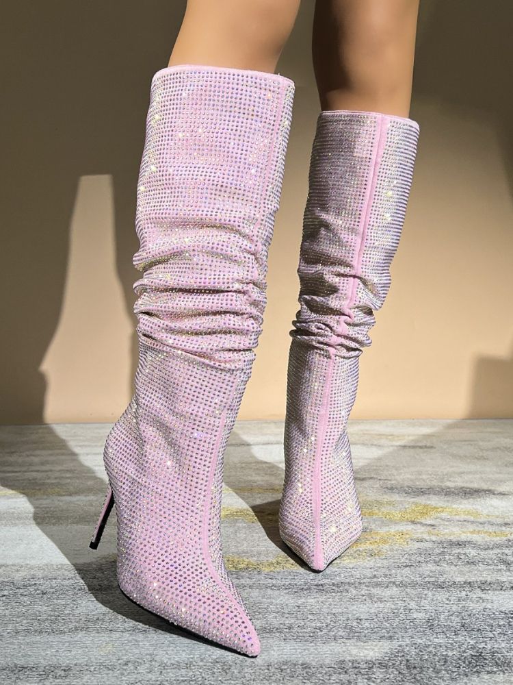 Light Pink Rhinestone Crystal Diamante Knee Boots