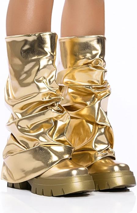 Metallic Gold Lug Style Foldover Chunky Slouchy Boots