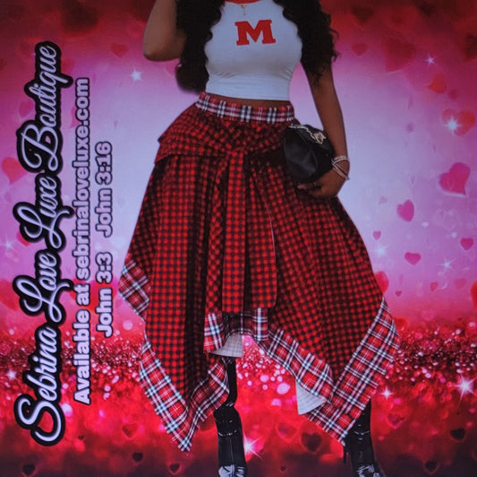 Grunge Goth Red & Black Plaid Asymmetrical Handkerchief Midi Maxi Skirt