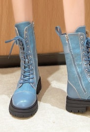 Blue Denim Strap Detail Combat Boots