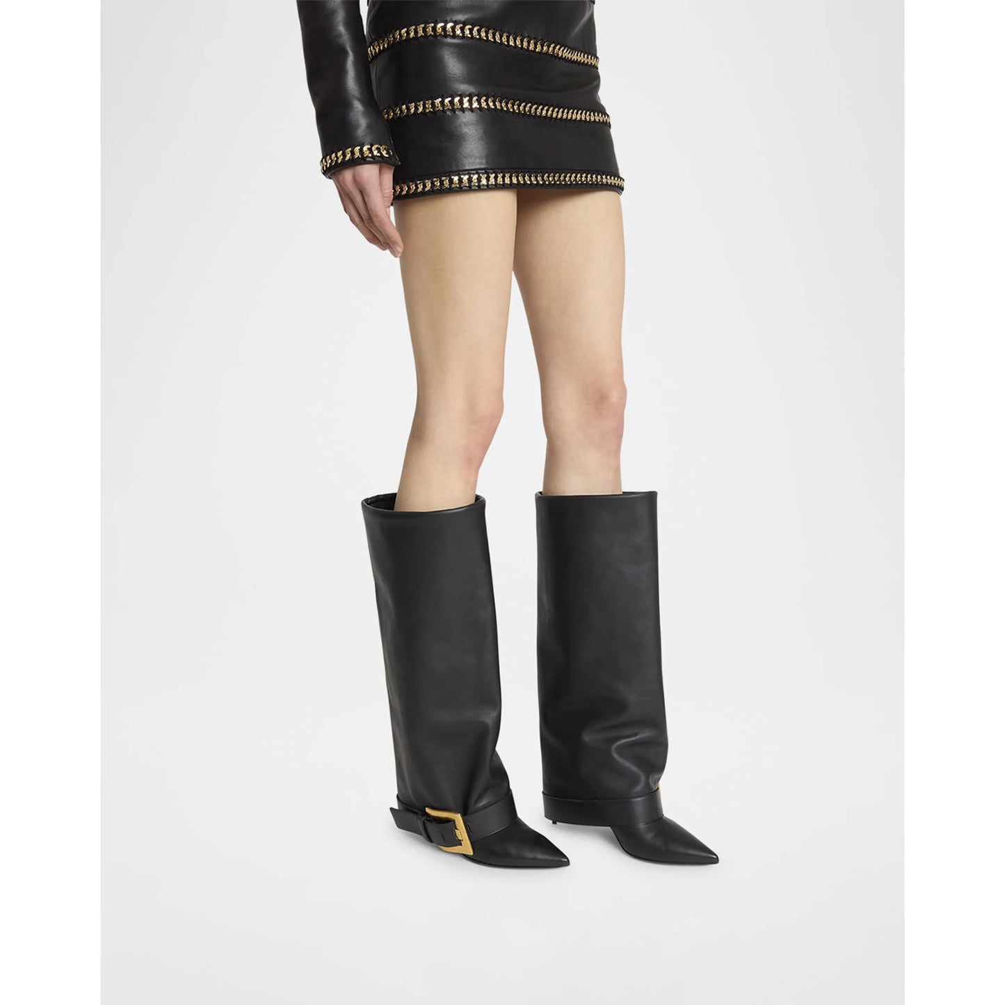 Sleek Black Foldover Buckle Detail Knee Boots