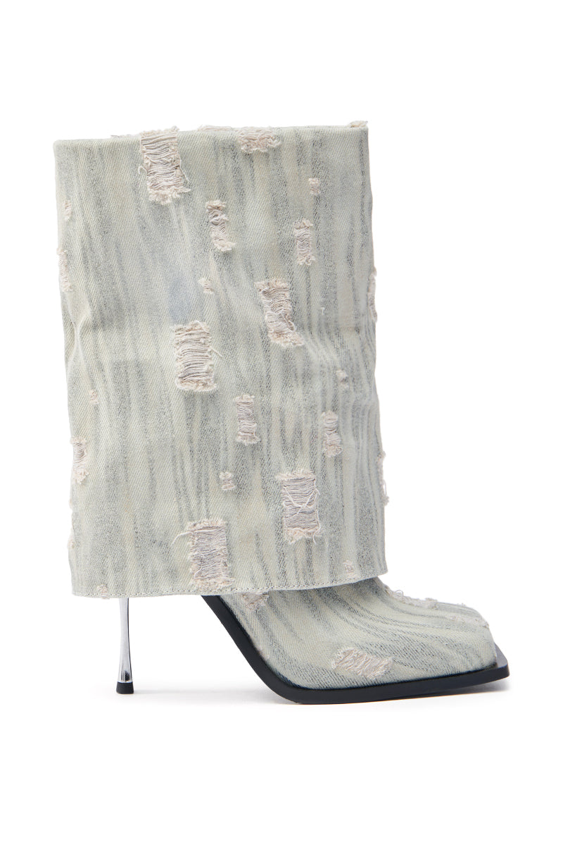 Chic Light Wash Blue Gray Distressed Denim Stiletto Heel Mid Calf Boots