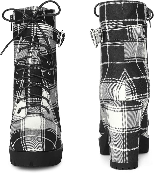 Collegecore Black & White Tartan Plaid Round Toe Platform Combat Ankle Boots