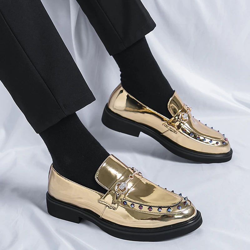 Men's Metallic Gold Mirror Multicolor Jewel Spiked Loafers