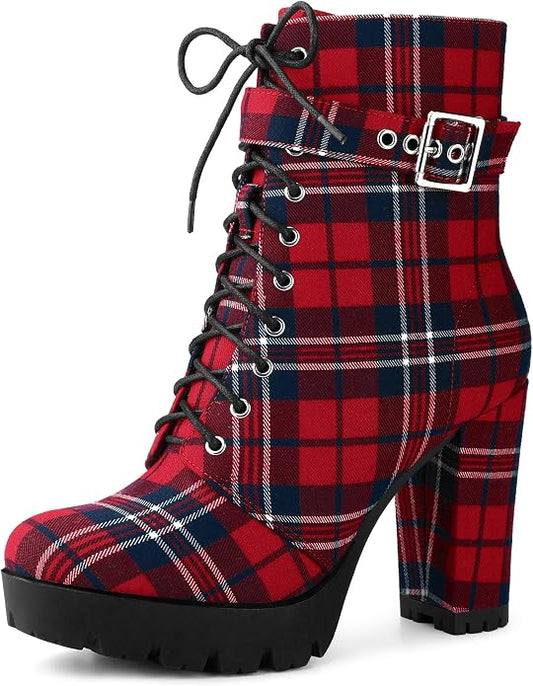 Scottish Inspired Collegecore Red Tartan Plaid Round Toe Platform Combat Ankle Boots