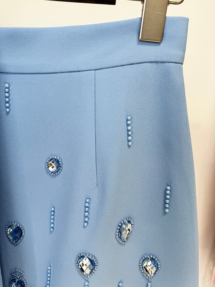 Beautiful Baby Blue Rhinestone Bejeweled 2 Piece Bolero Jacket & Mini Skirt Set
