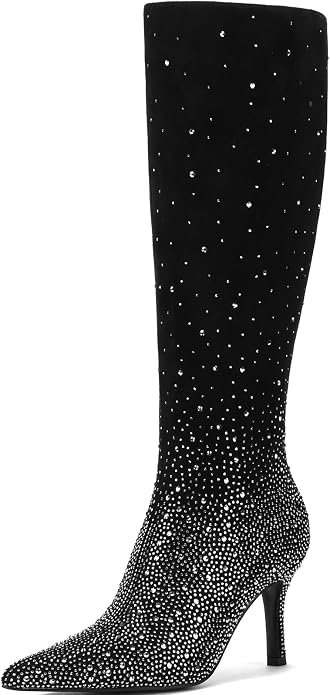 Sexy Black Sparkly Rhinestone Crystal Knee Boots