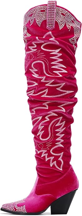 Rustic Chic Pink Velvet Western Festival Western Over The Knee Boots
