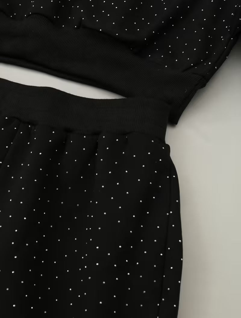 Cozy Black Rhinestone Cropped Sweatshirt & Jogger Pant Set