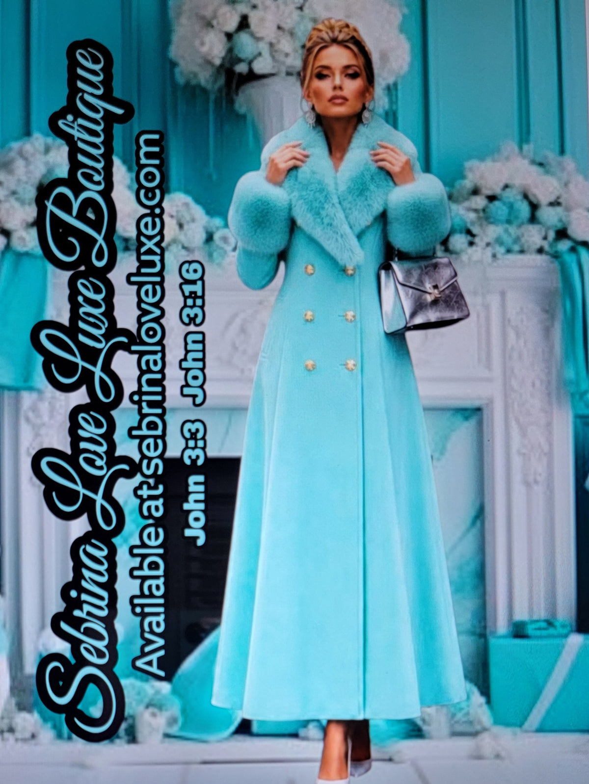 Luxe Ocean Aqua Blue Mint Green Faux Fur Trim Midi Coat