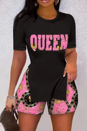 Black & Pink "QUEEN" Italian Print Top & Shorts Set