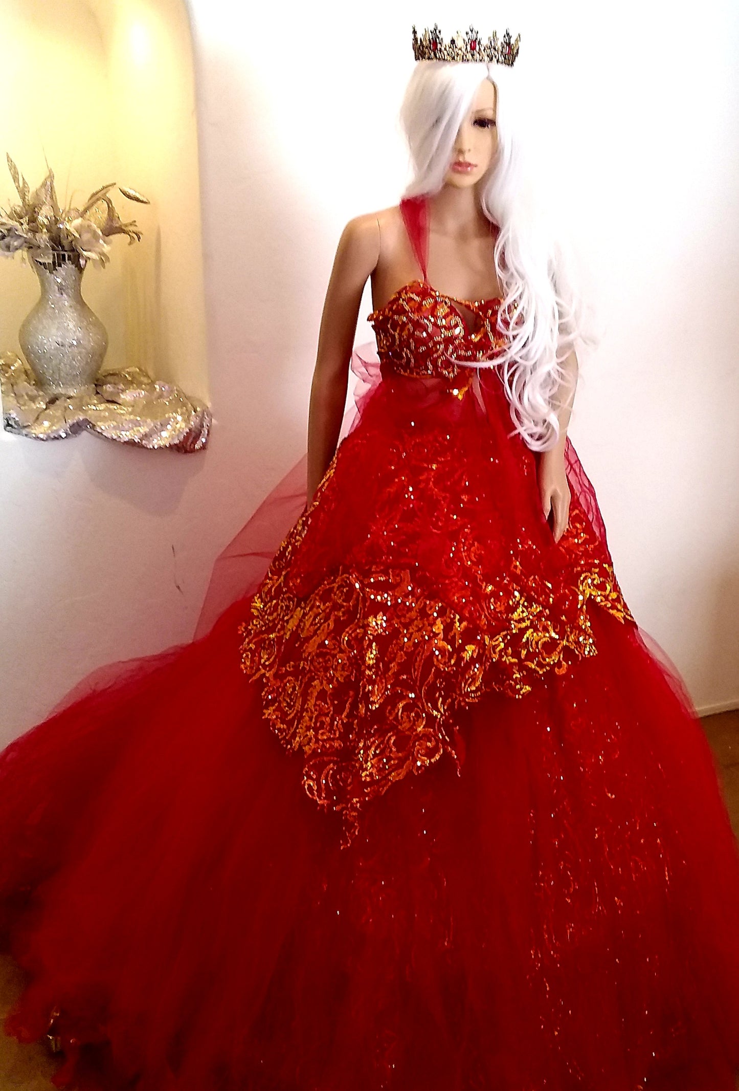 The ❤️‍🔥SHYLOH❤️‍🔥 Red & Gold Embroidered Sequined Crystal Lace & Tulle Wedding Ballgown Set