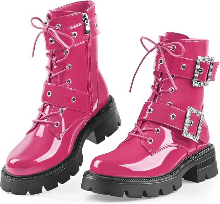 Cool Hot Pink Buckle Detail Round Toe Combat Ankle Boots (PRE-ORDER)