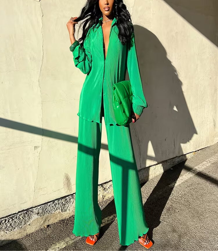 Chic Kelly Green Pleated Tunic Button Closure & Pants Set