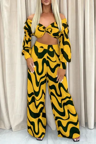 Sexy Yellow Gold Abstract Print 2 Piece Crop Top & Wide Leg Pants Set