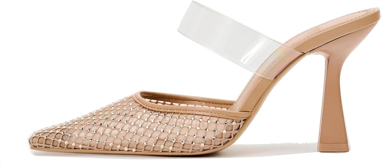 Sexy Nude Rhinestone Crystal Diamante Mesh Mule Heels