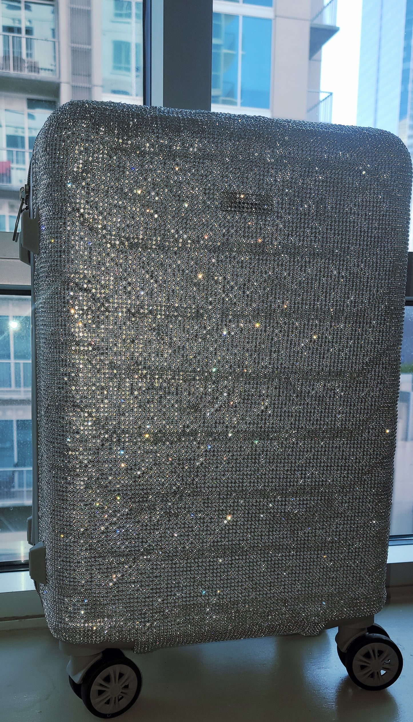 "NEW YORK HEIRESS" Custom Order Silver Rhinestone Crystal Diamante TSA size Approved Carry-on Luggage Case