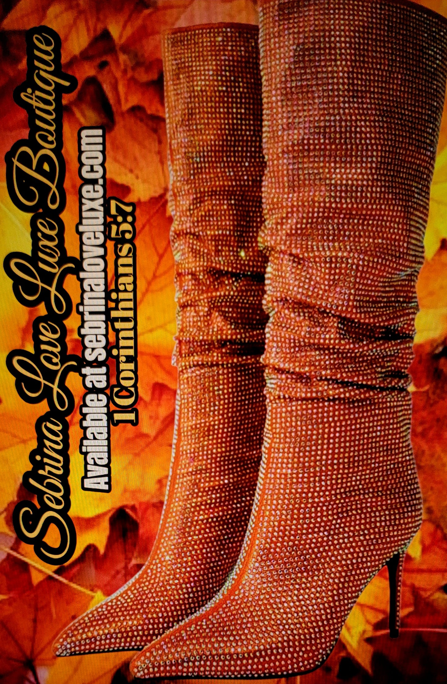 Orange Rhinestone Crystal Diamante Knee Boots