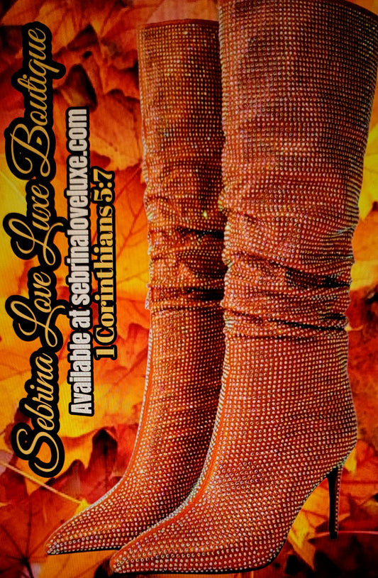 Orange Rhinestone Crystal Diamante Knee Boots (PRE-ORDER)