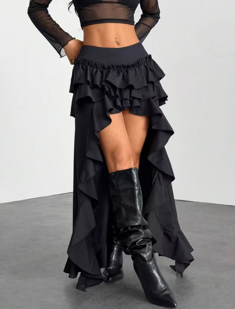 Gothic Black Ruffle Tiered High Low Maxi Skirt