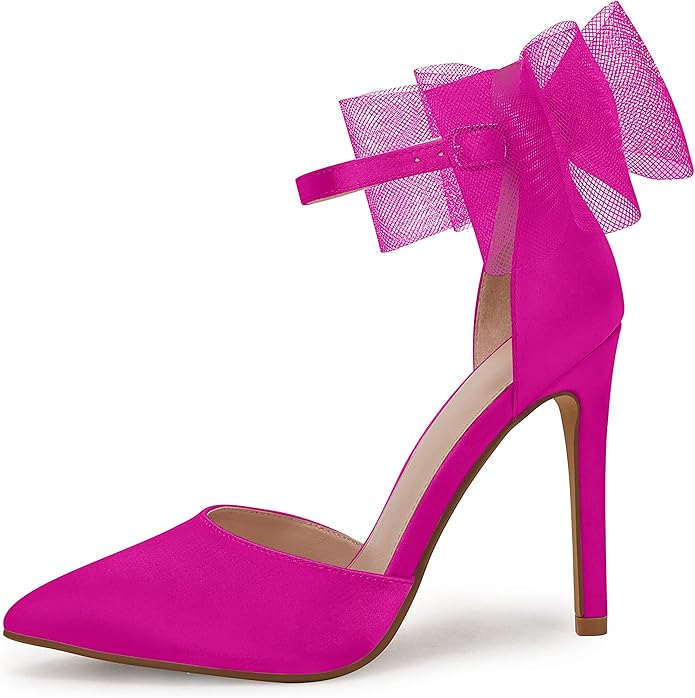 Elegant Pink Tulle Bow Detail Ankle Strap Heels