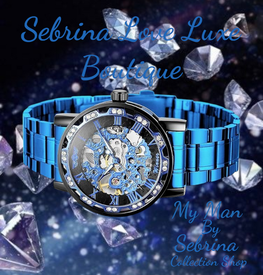 Elegant Cobalt Blue Men's Diamante Crystal Bling Watch