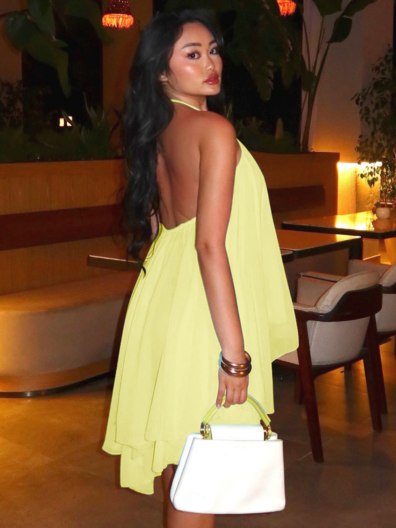Sexy Yellow Chiffon Trapeze Mini Dress