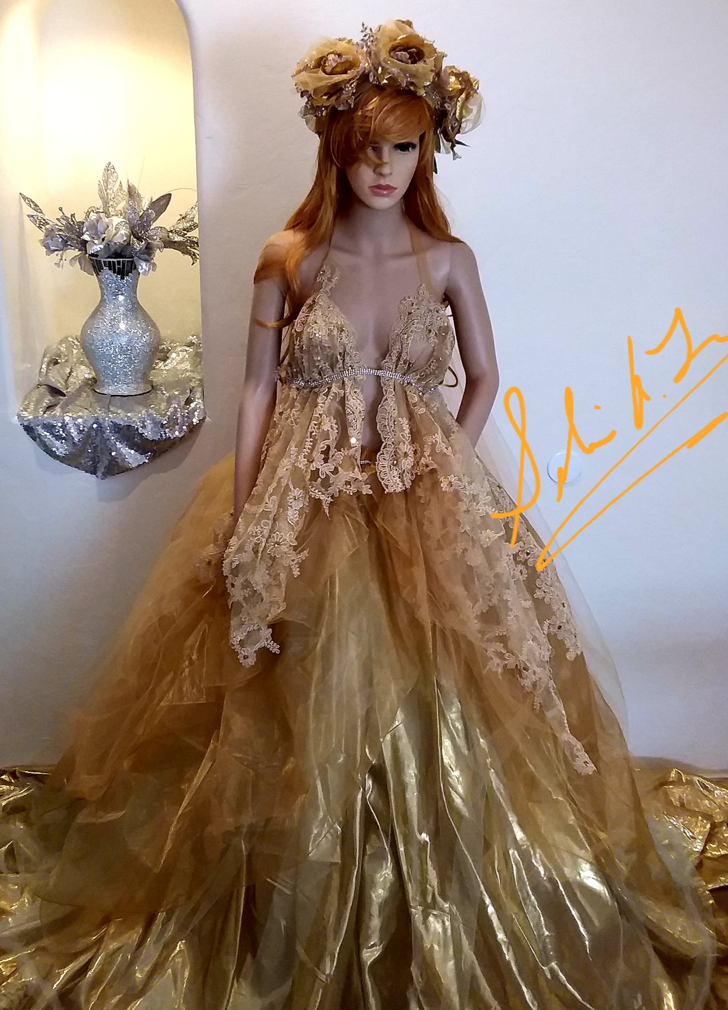 The "SIMONE" Crystal Gold Embroidered Lace Boho Festival Wedding Ballgown Set (Custom Order)