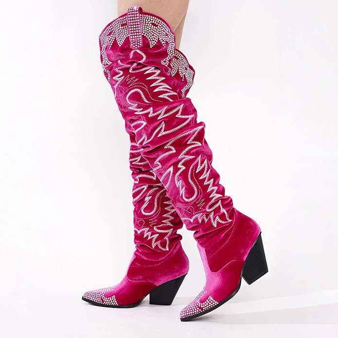 Rustic Chic Pink Velvet Western Festival Western Over The Knee Boots
