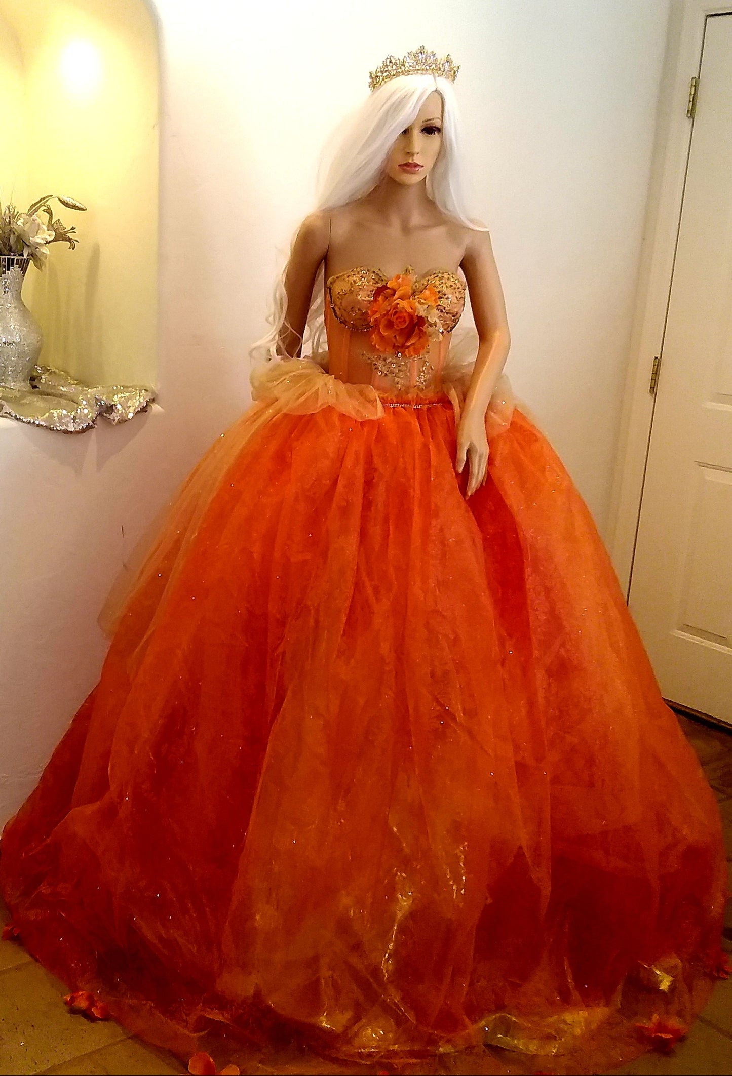 The "AUTUMN" Crystal Orange & Embroidered Lace Boho Festival Wedding Ballgown Set (Custom Order)