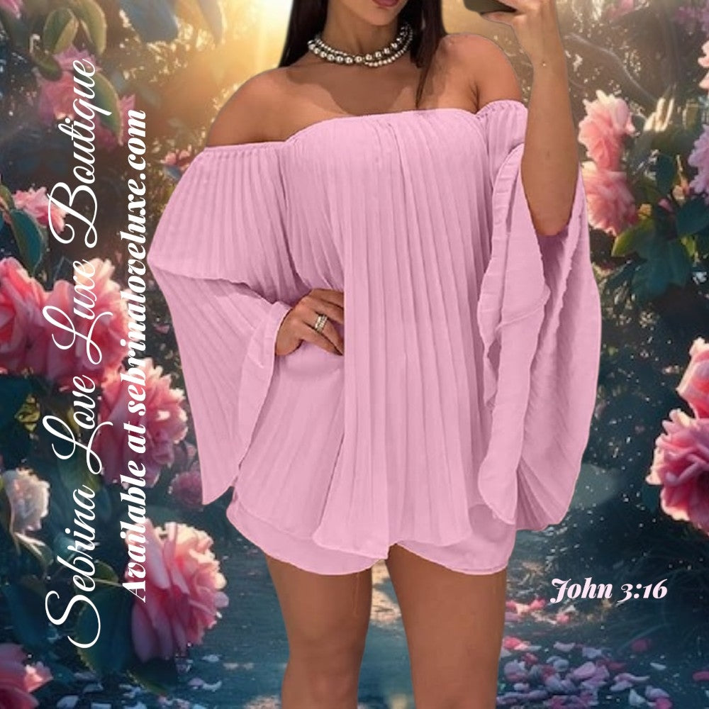 Sexy Pink Chiffon Pleated Trapeze 3pc Mini Dress Bandeau & Shorts Set