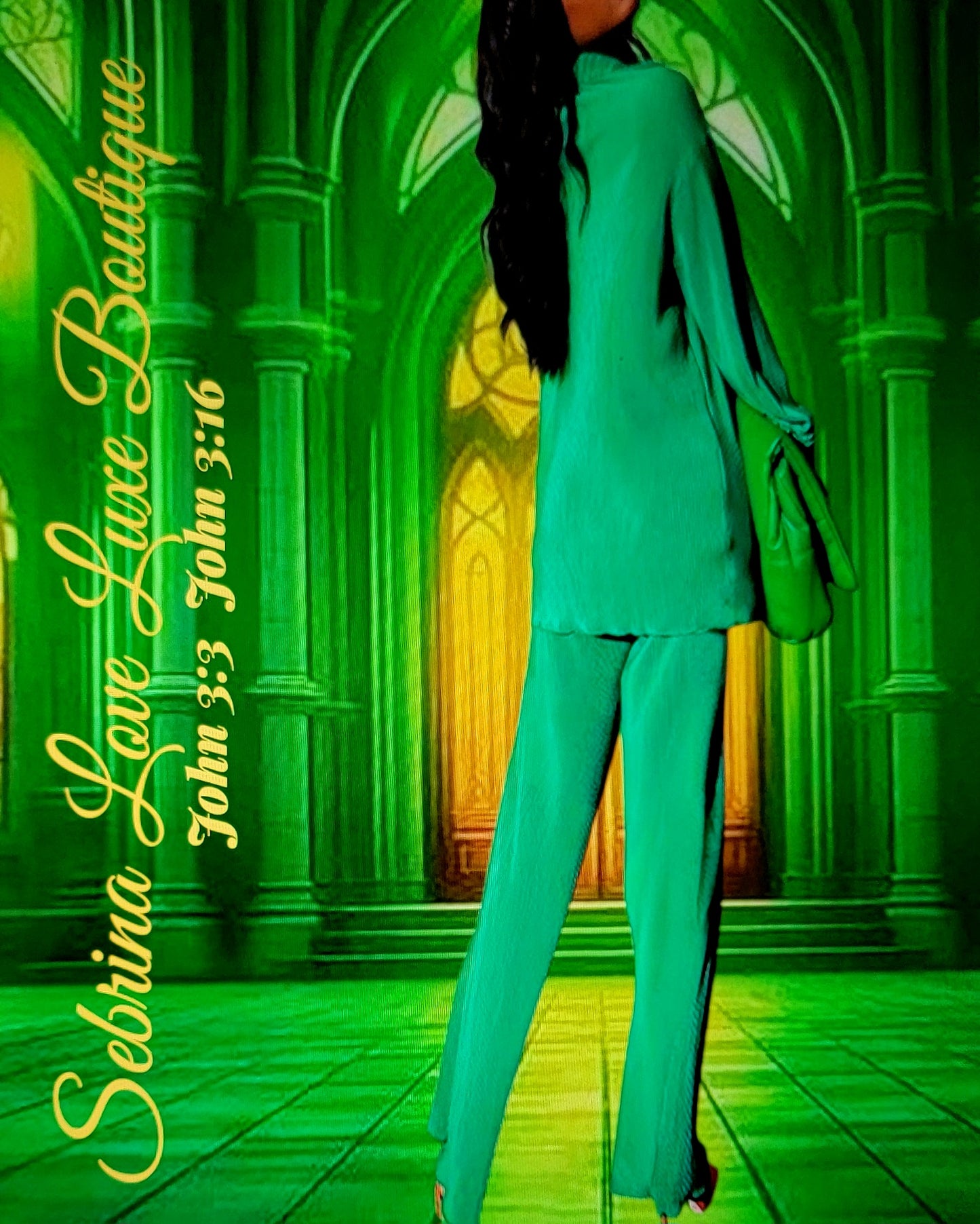 Chic Kelly Green Pleated Tunic Button Closure & Pants Set