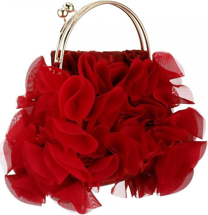 Elegant Red Chiffon Floral Evening PartyPurse