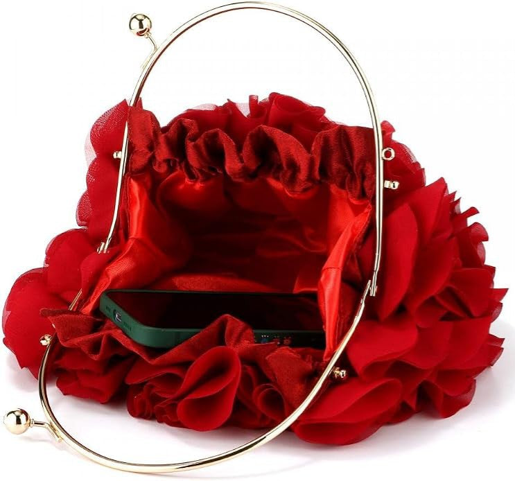 Elegant Red Chiffon Floral Evening PartyPurse
