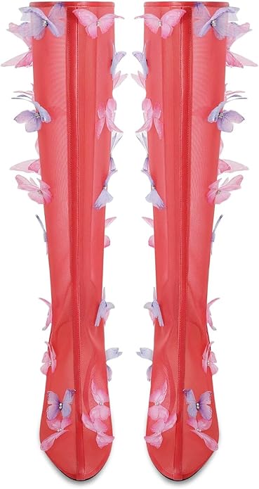 Beautiful Ethereal Red Mesh Butterfly Embellished Knee Boots